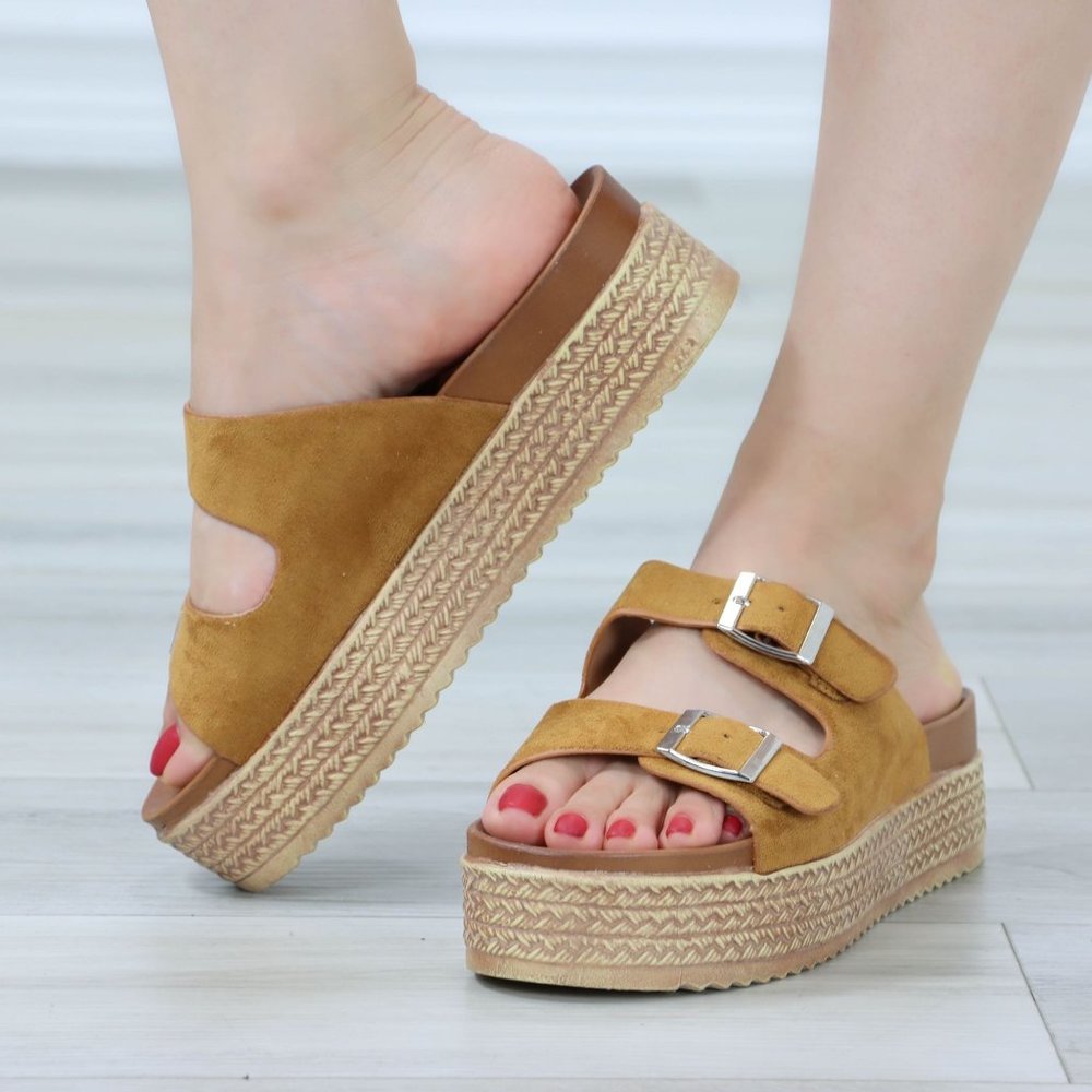 Suede Tan Double Straps Comfort Platform Sandal Slip On Sliders - Picture 10 of 13